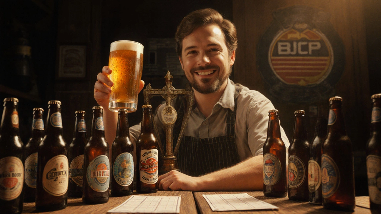 Homebrewer holding a trophy beside commercial beers, winning a competition with their third batch.