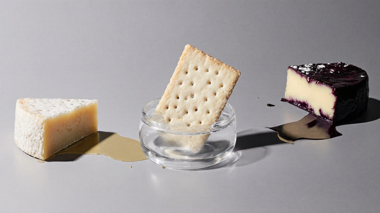 Neutral cracker between two cheese and wine pairings, symbolizing palate reset.