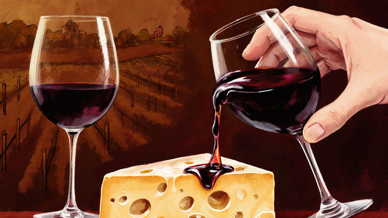 Shiraz pouring over aged Gouda, fat droplets mixing with wine in golden glow.