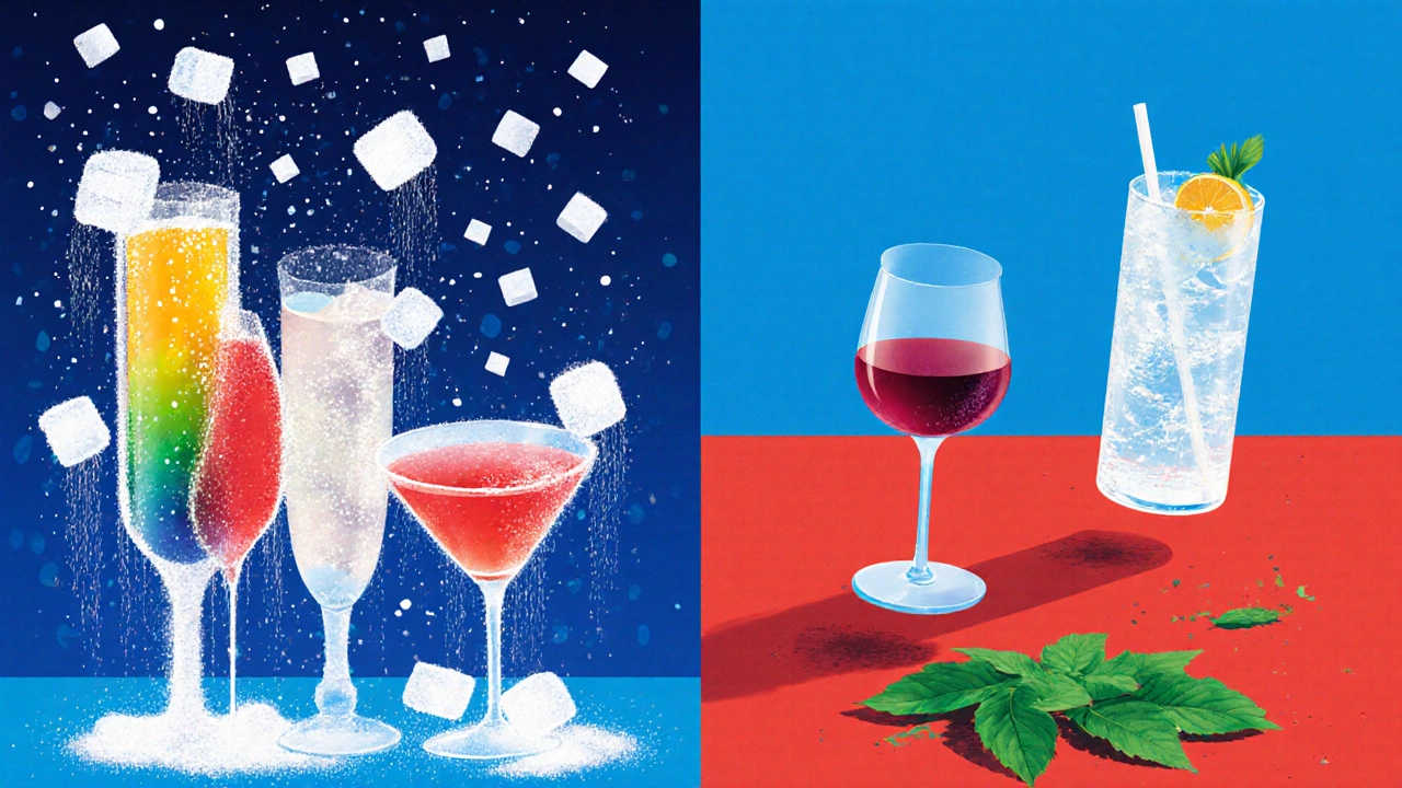 Split bar scene: sugary cocktails on one side, healthy drinks on the other, symbolic of health choices.