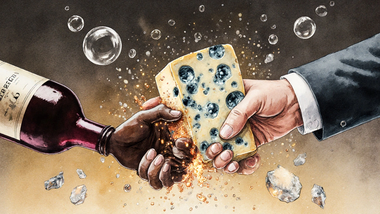 Stylized hands representing wine and cheese in a chemical handshake with glowing particles