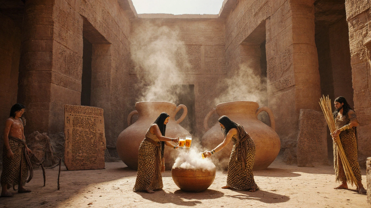 Sumerian priestesses serving beer to workers in a temple courtyard with clay vats and tablets
