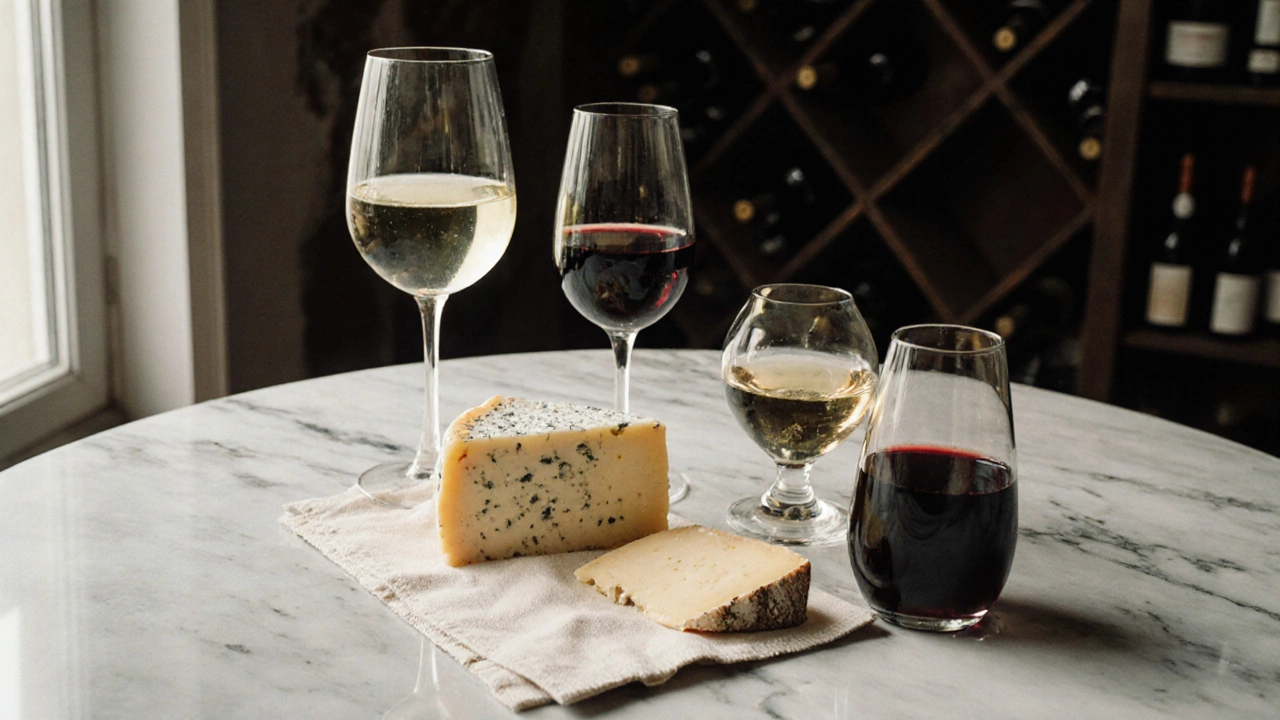 Three cheese and wine pairings arranged by intensity on a linen napkin