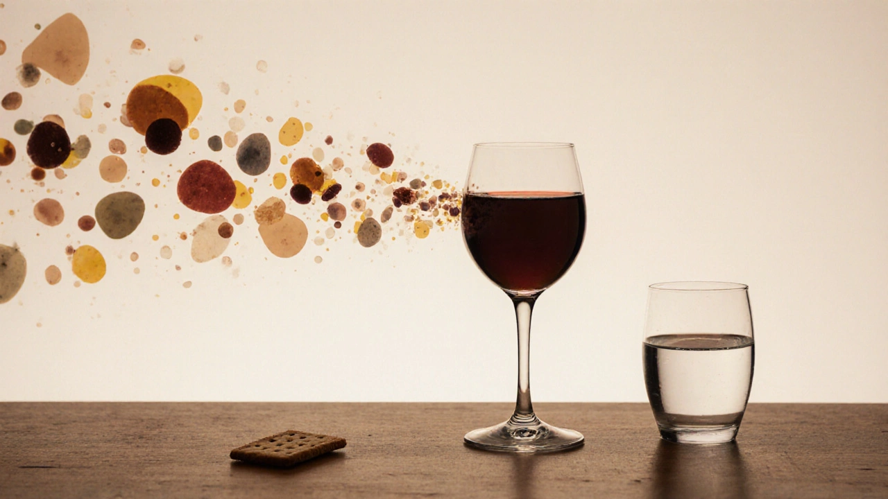 Wine glass with abstract flavor echoes fading into the air, beside a cracker and water.