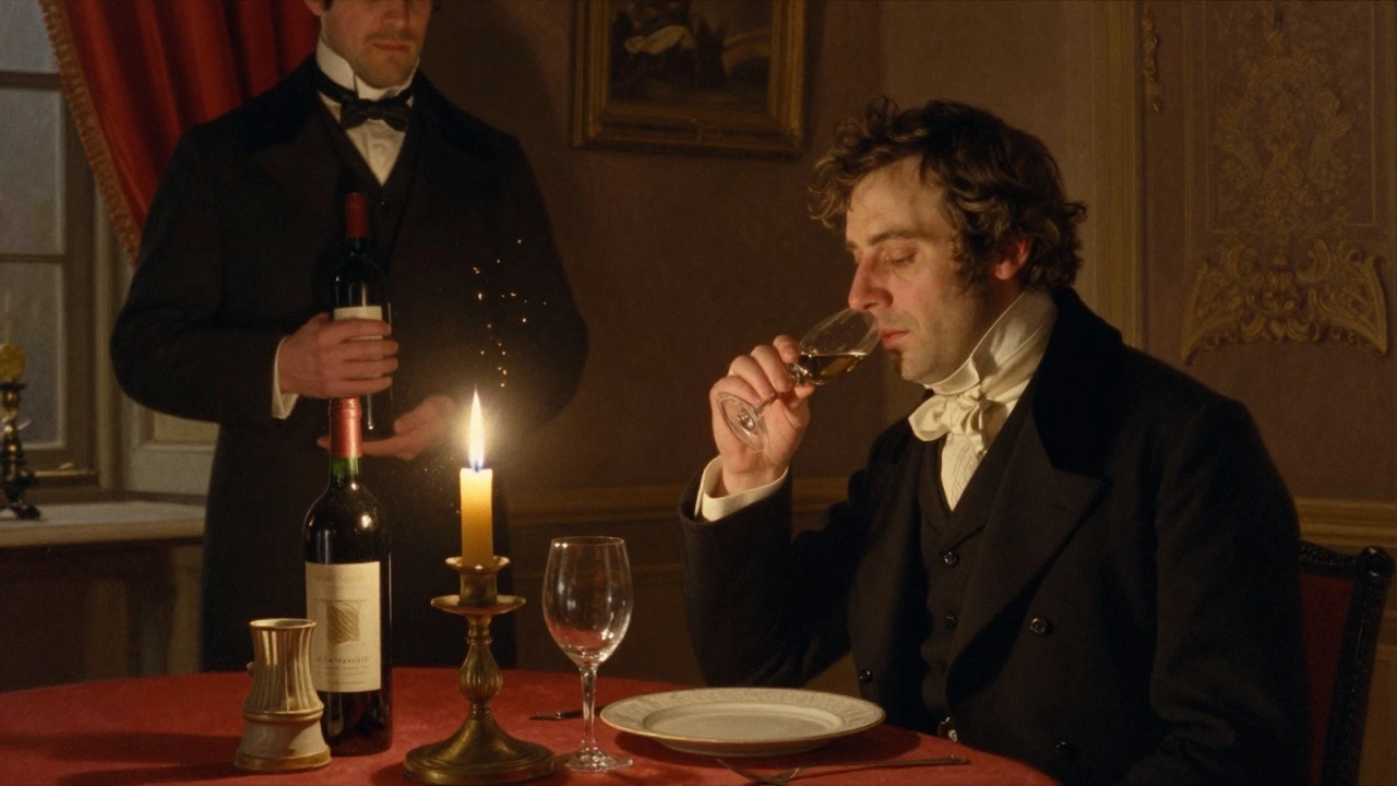 A gentleman in 19th-century attire inspects wine by candlelight.