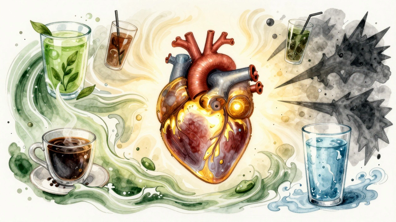 A heart illustrated as an engine powered by healthy drinks, with harmful beverages being pushed away.