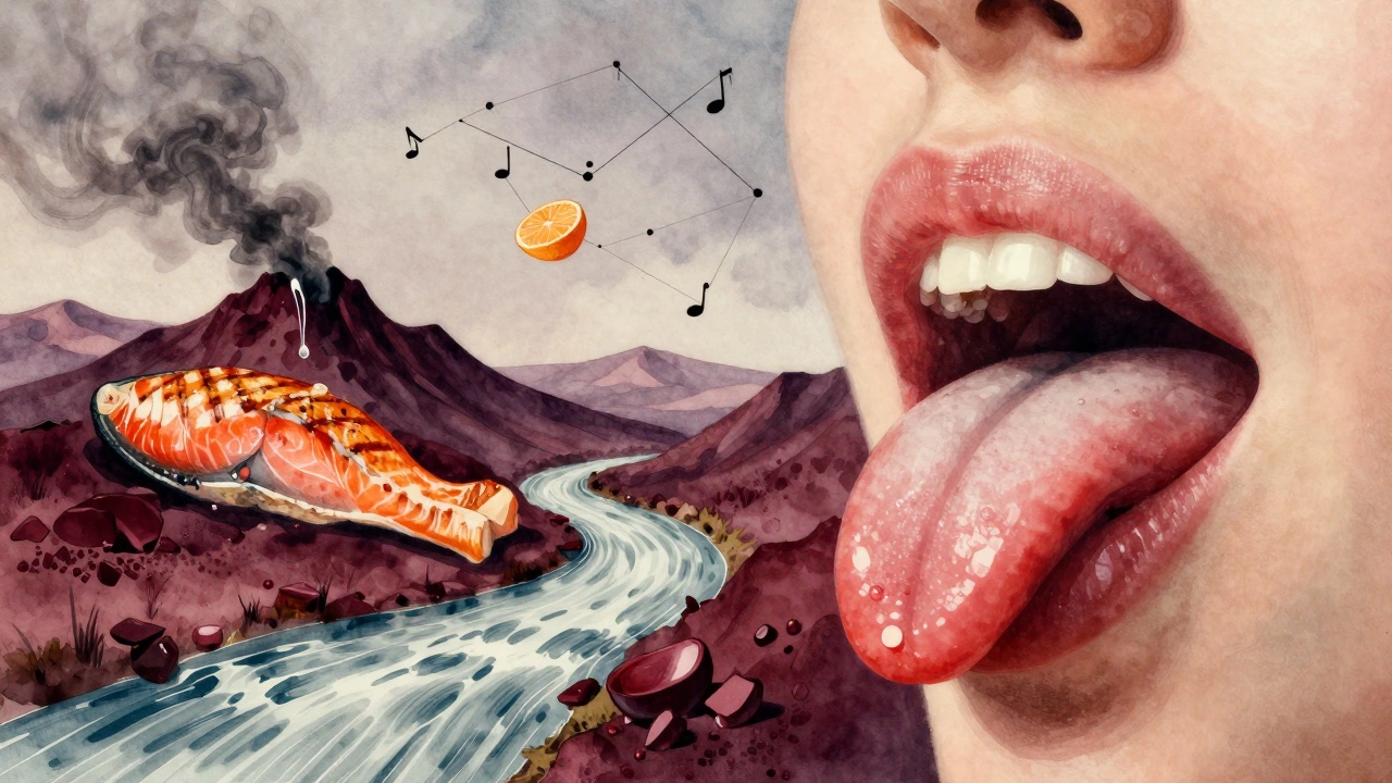 A tongue landscape where wine and food flavors interact like rivers and mountains.