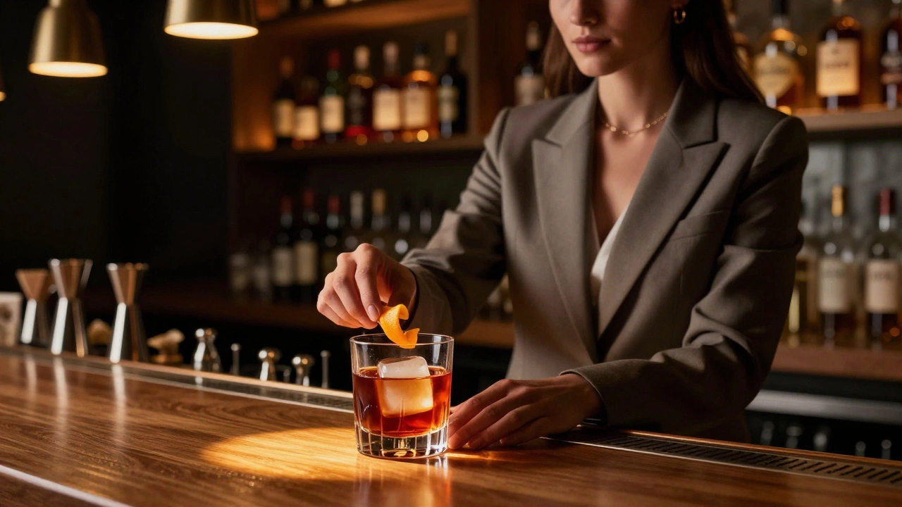 A woman confidently ordering an Old Fashioned at a modern bar with premium spirits in the background.