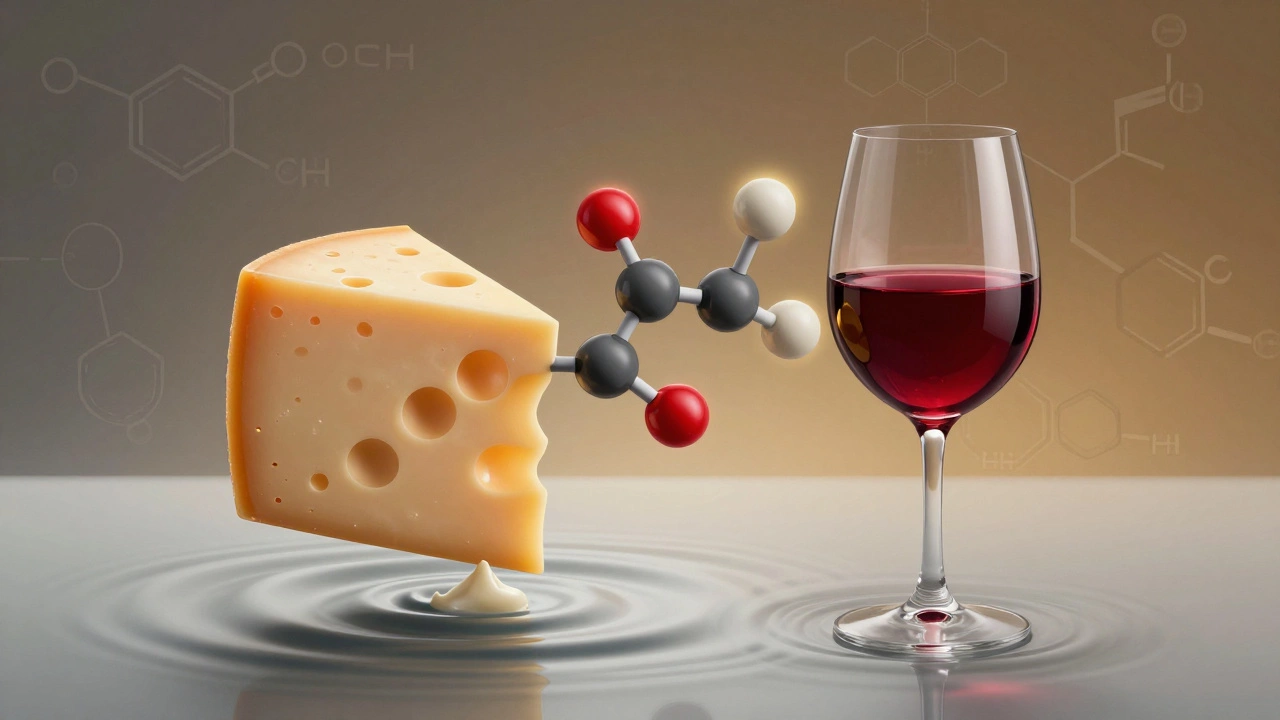 Abstract molecular interaction between cheese fat and wine acidity, glowing in amber and gray tones.