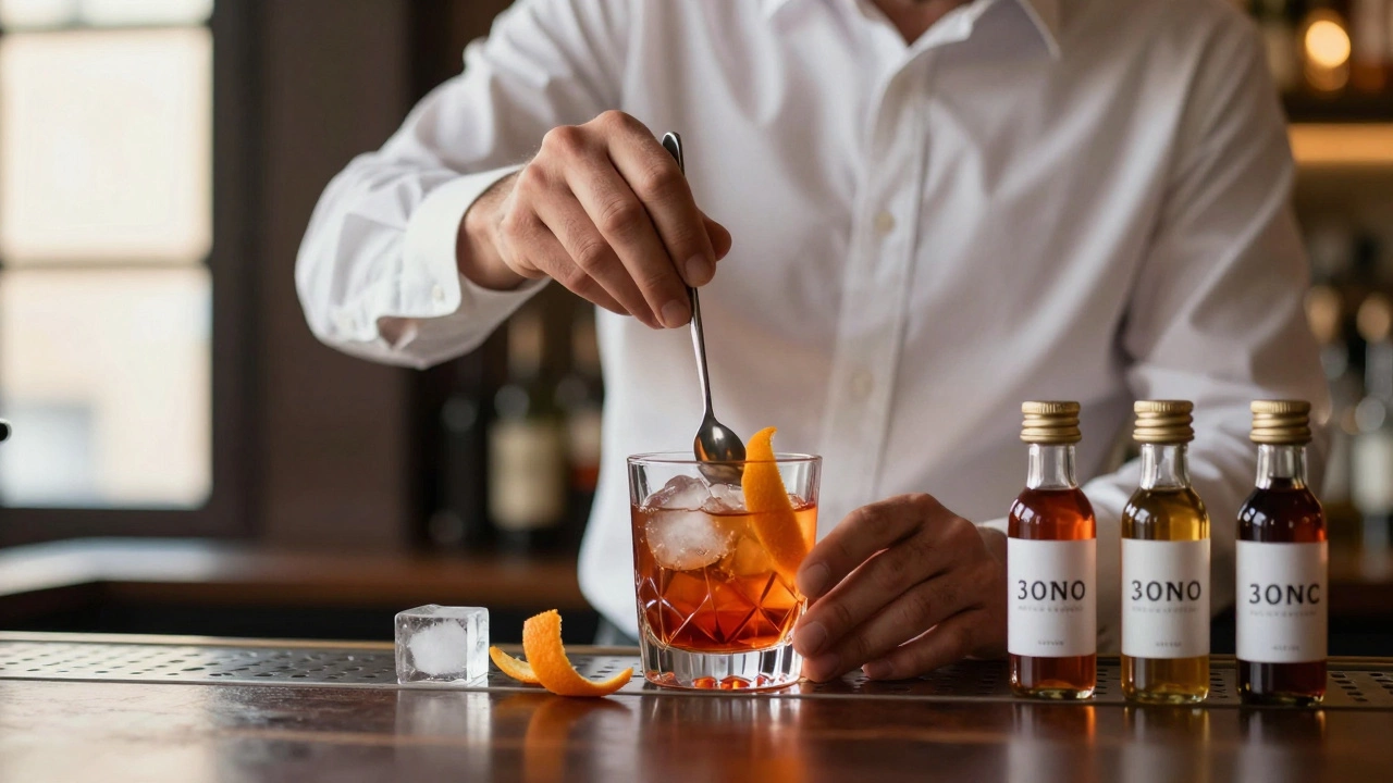 Bartender stirring a Negroni with precision in a mixing glass over ice.