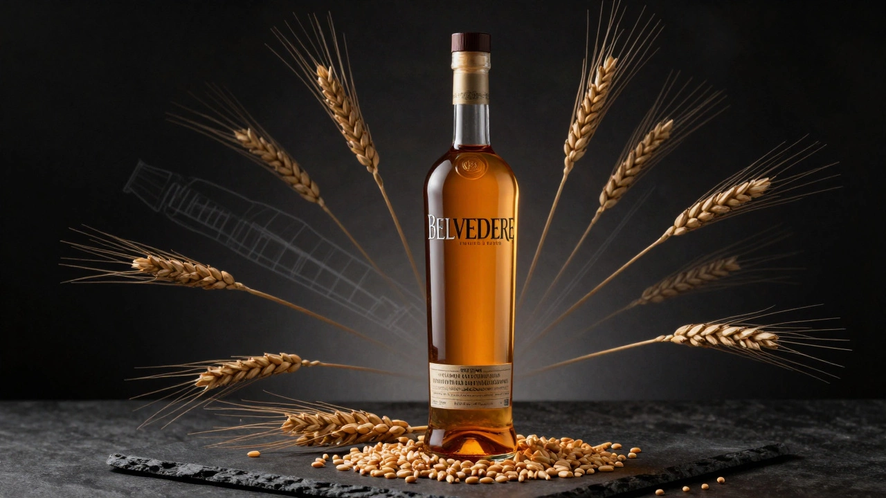 Belvedere bottle with glowing rye grains and spice lines on dark slate.