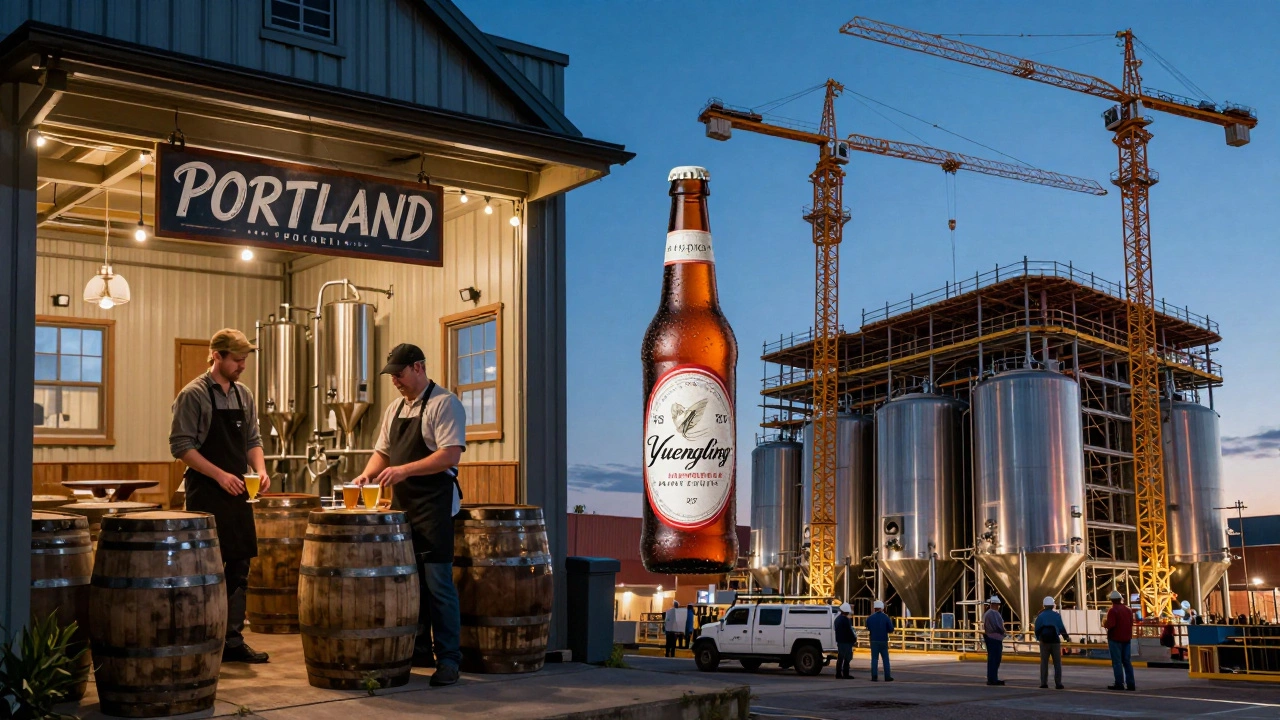 Contrasting small craft brewery with large Yuengling facility under construction.