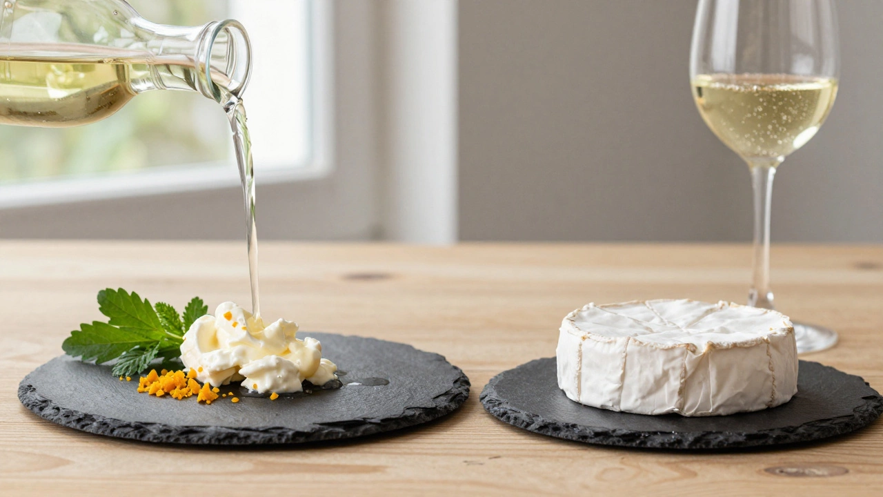 Creamy goat cheese with Sauvignon Blanc and Brie with Chardonnay on a wooden table, natural light.