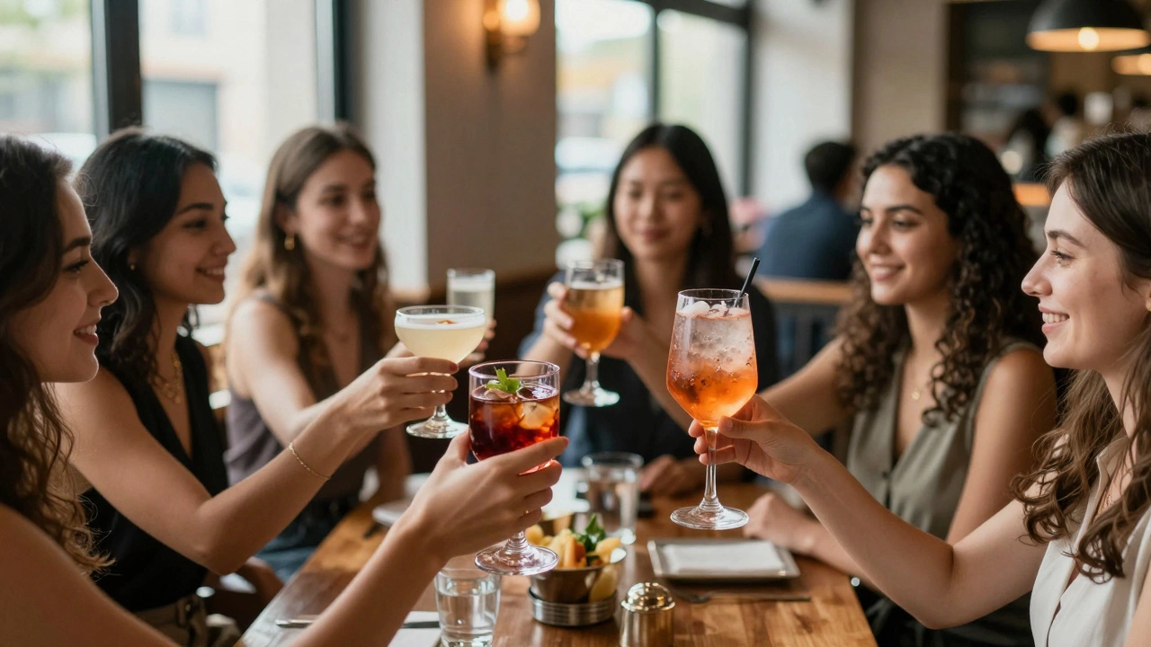 Diverse women raising glasses of elegant cocktails in a bright, contemporary lounge with no gender labels.