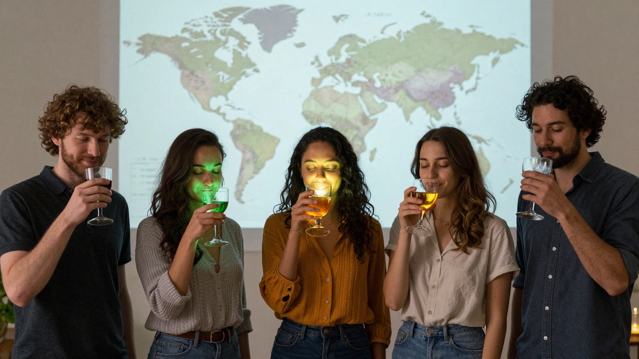 Five people from different cultures savoring their favorite spirits, with a world map projection behind them.
