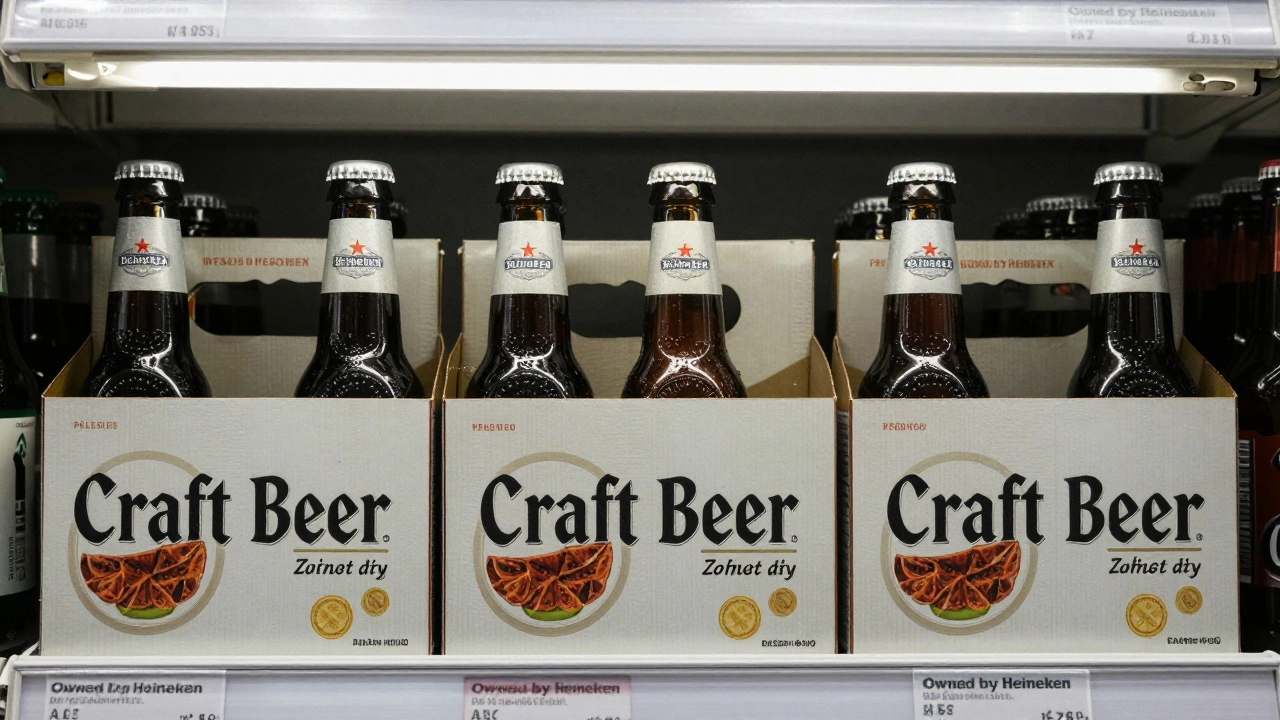 Grocery store beer shelf with &#039;craft&#039; labels, one bottle revealing a hidden corporate ownership sticker.
