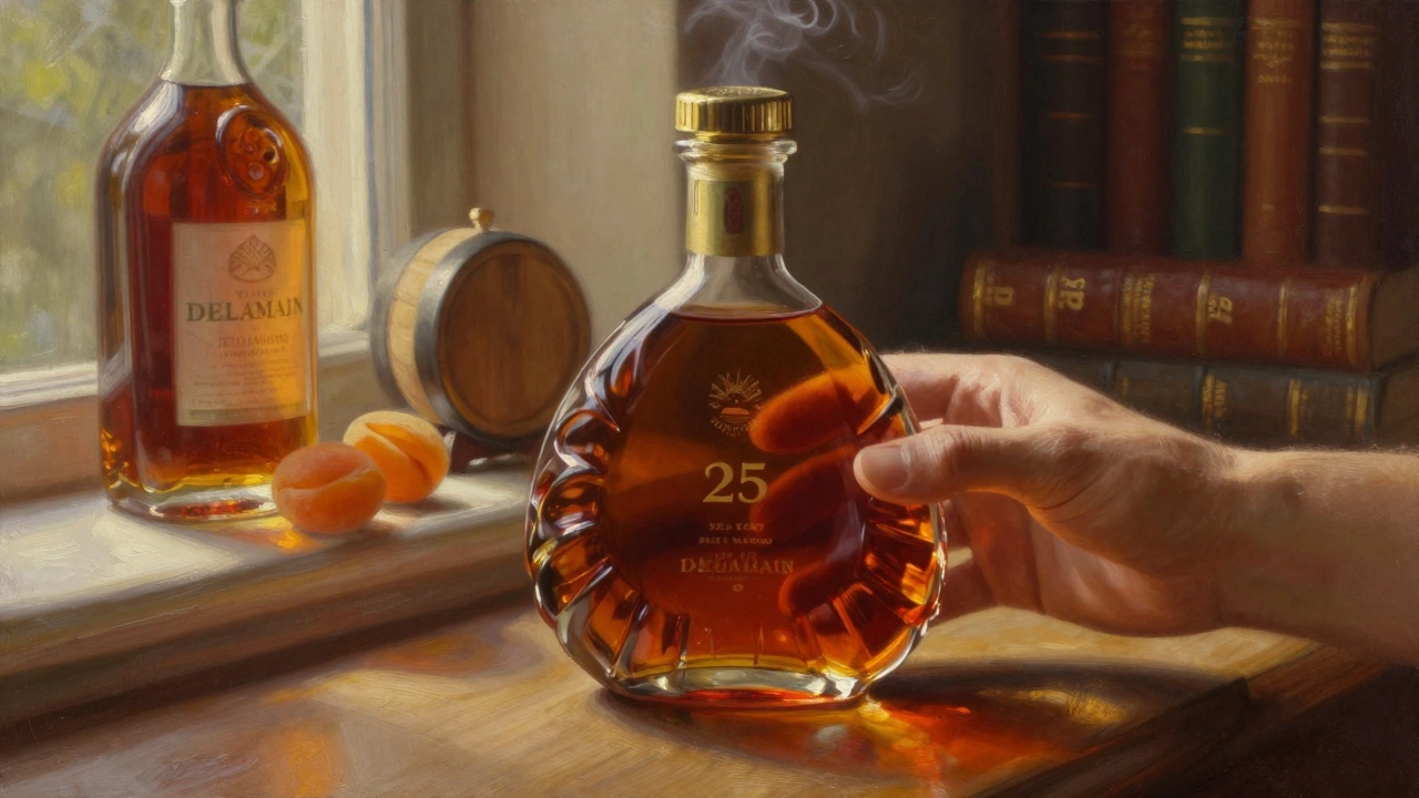 Hands swirling a golden Cognac in a sunlit window, with oak barrel stave and dried fruit in background.