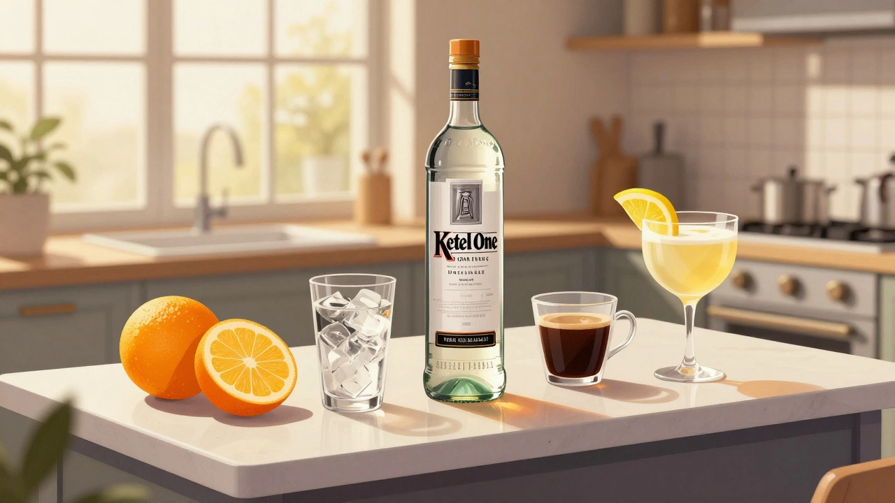 Ketel One vodka with citrus and cocktails on a kitchen counter in warm light.