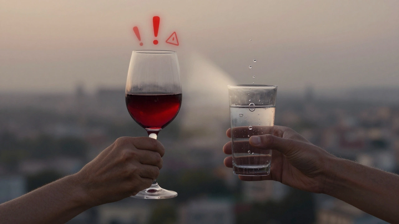 One hand holding red wine with risk symbols, another holding water with heart-shaped bubbles.