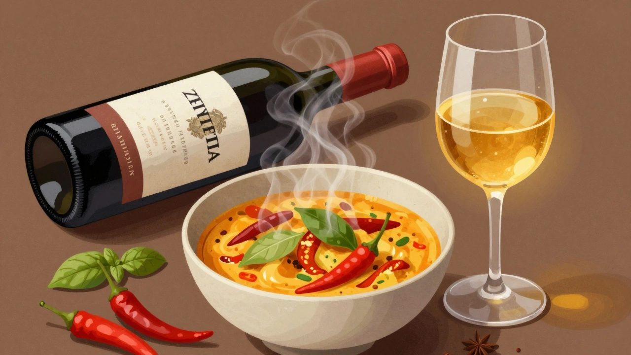 Spicy curry paired with a sweet white wine, while a bold red lies overturned.