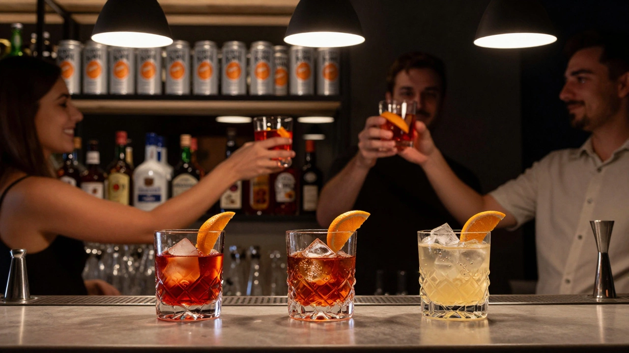 Three Negroni variations—classic, mezcal, and sbagliato—on a modern bar counter.