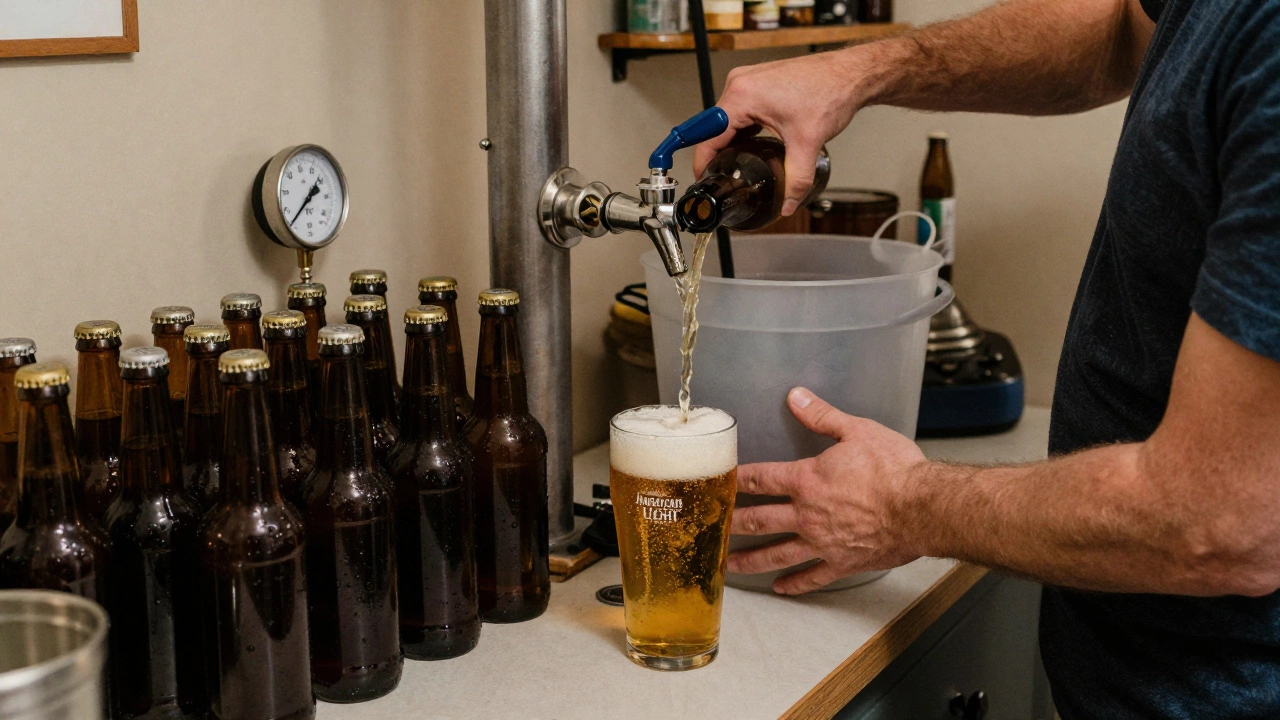 A novice pours wort into bottles using a bottling bucket, with finished beer and thermometer visible in a home brewery.