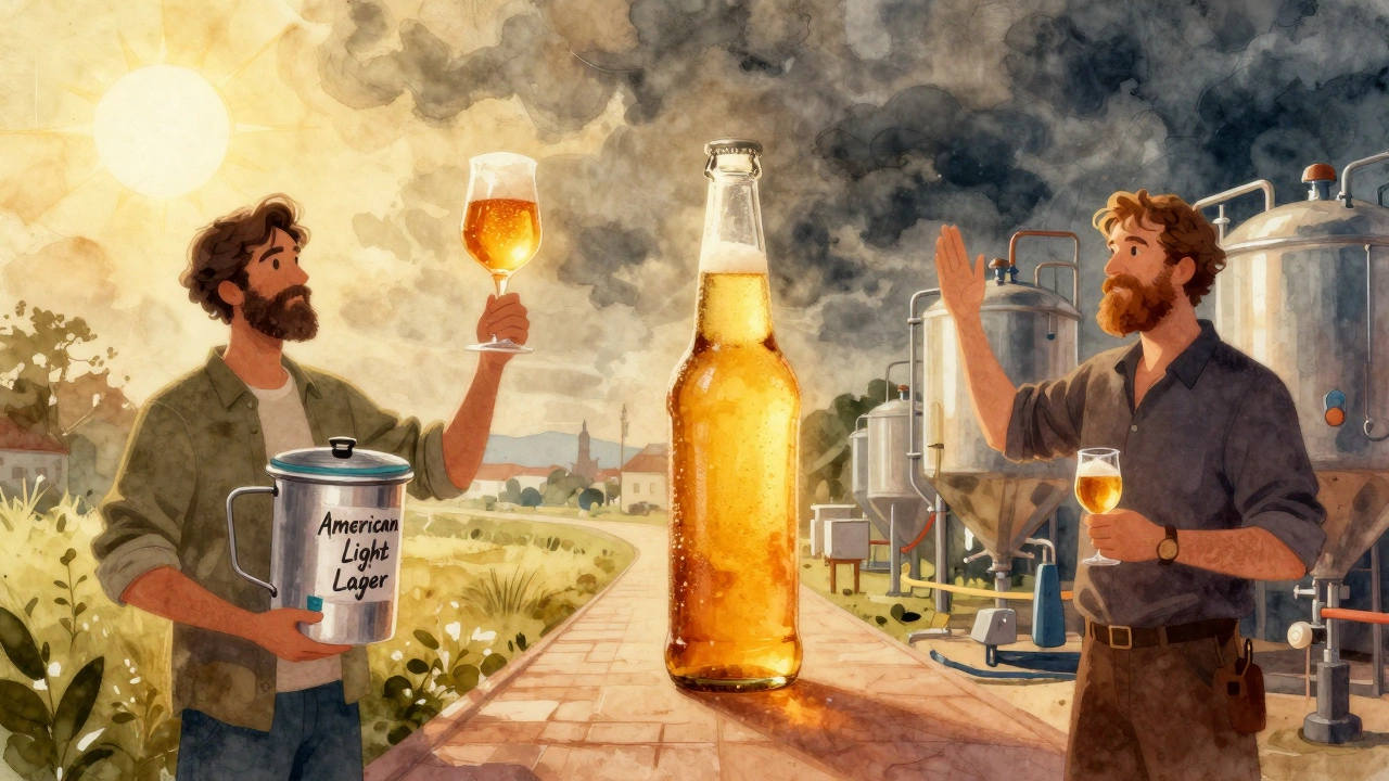 A symbolic brewing journey: simple starter kit on a sunny path leads to a glowing bottle of beer at the center.