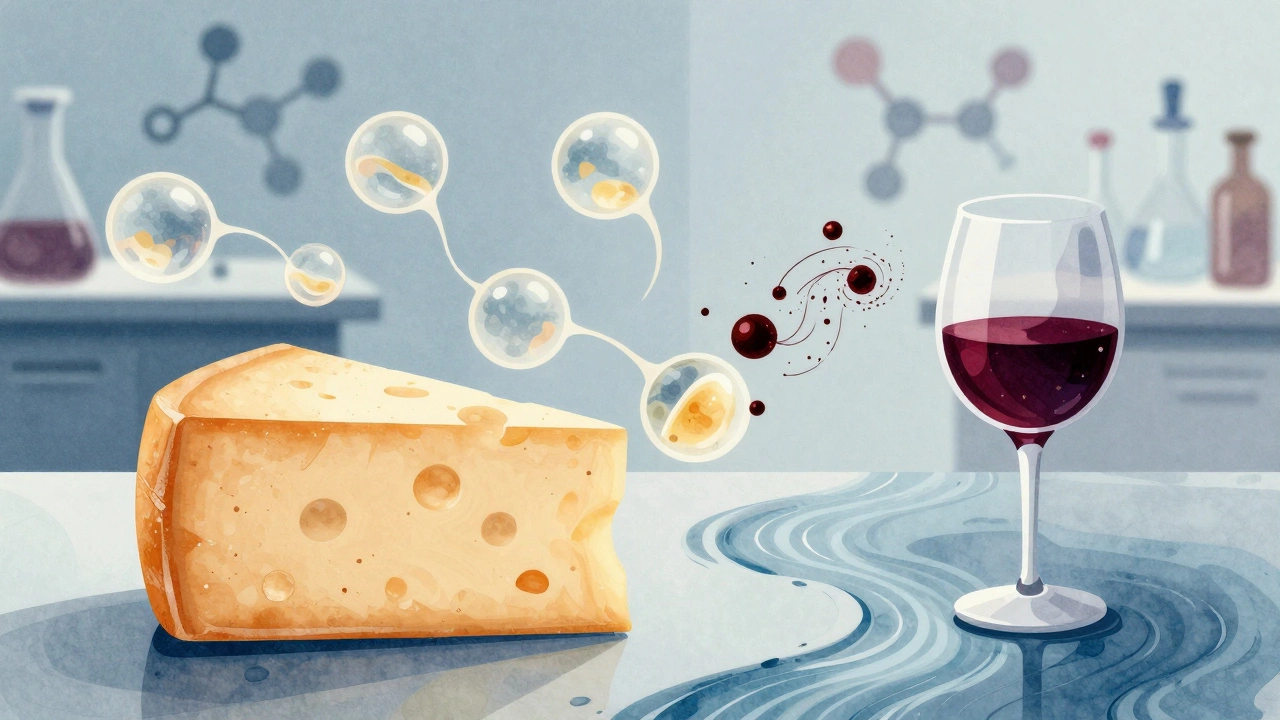 Abstract visualization of cheese fat molecules binding with wine tannins in a lab-inspired setting.