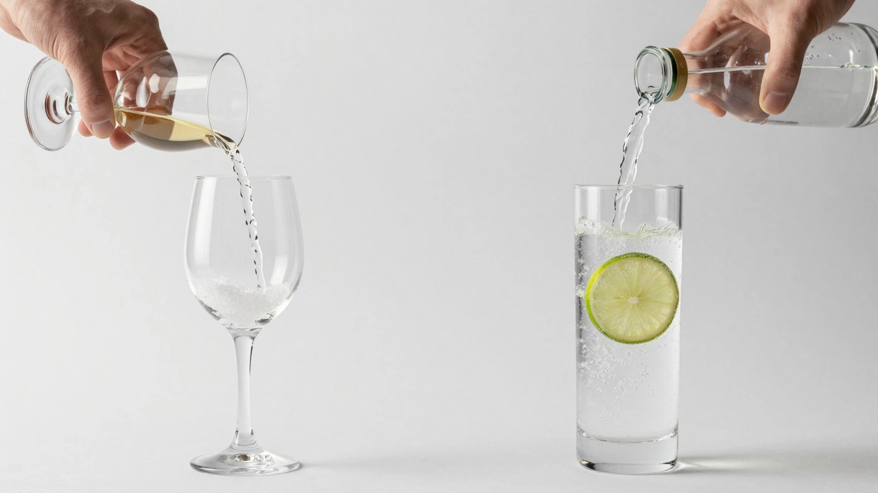 Contrasting images: overflowing wine versus precise gin pour with soda and lime.