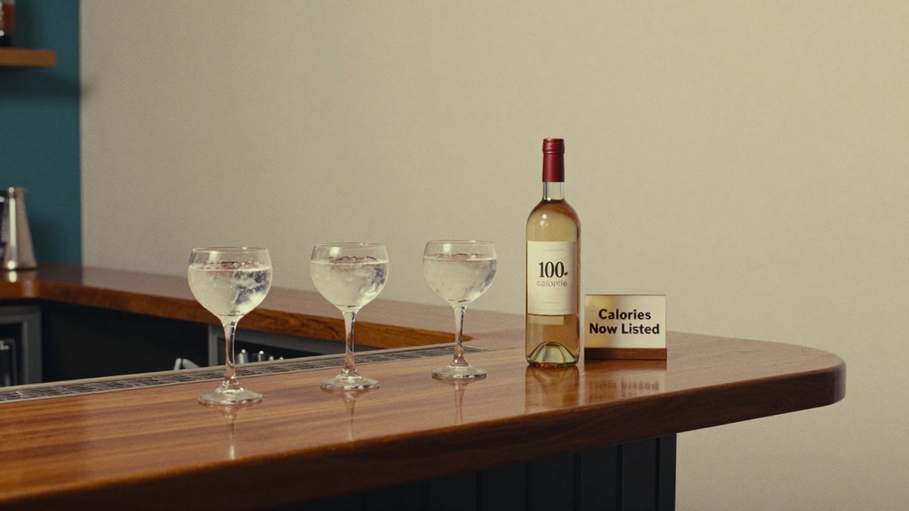 Modern bar with low-calorie gin drinks and a wine bottle labeled '100 calories'.