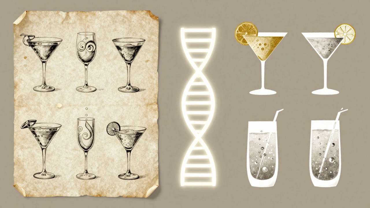 Split illustration of classic cocktails as vintage drawings and abstract templates.