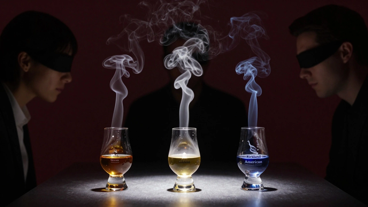 Three vodka glasses in a blind taste test, with vapor trails indicating flavor profiles, no labels visible.