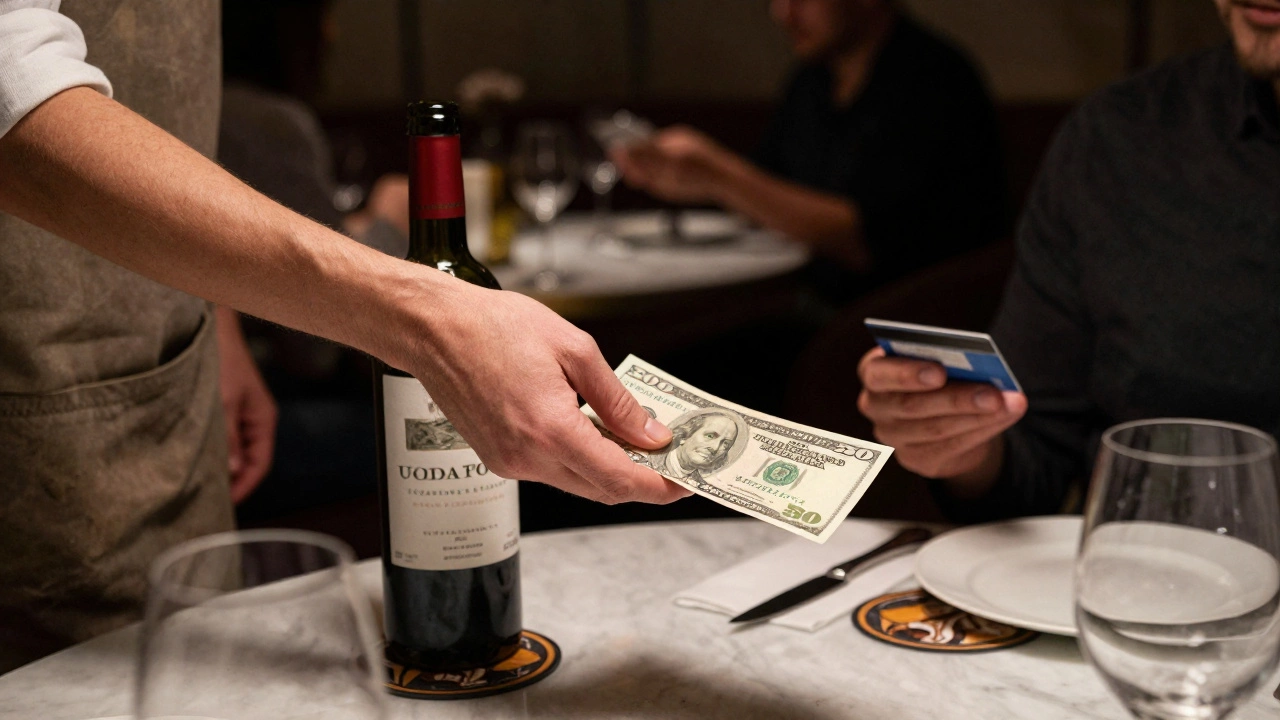 A hand handing cash to a server next to an empty fine wine bottle in a dim restaurant.