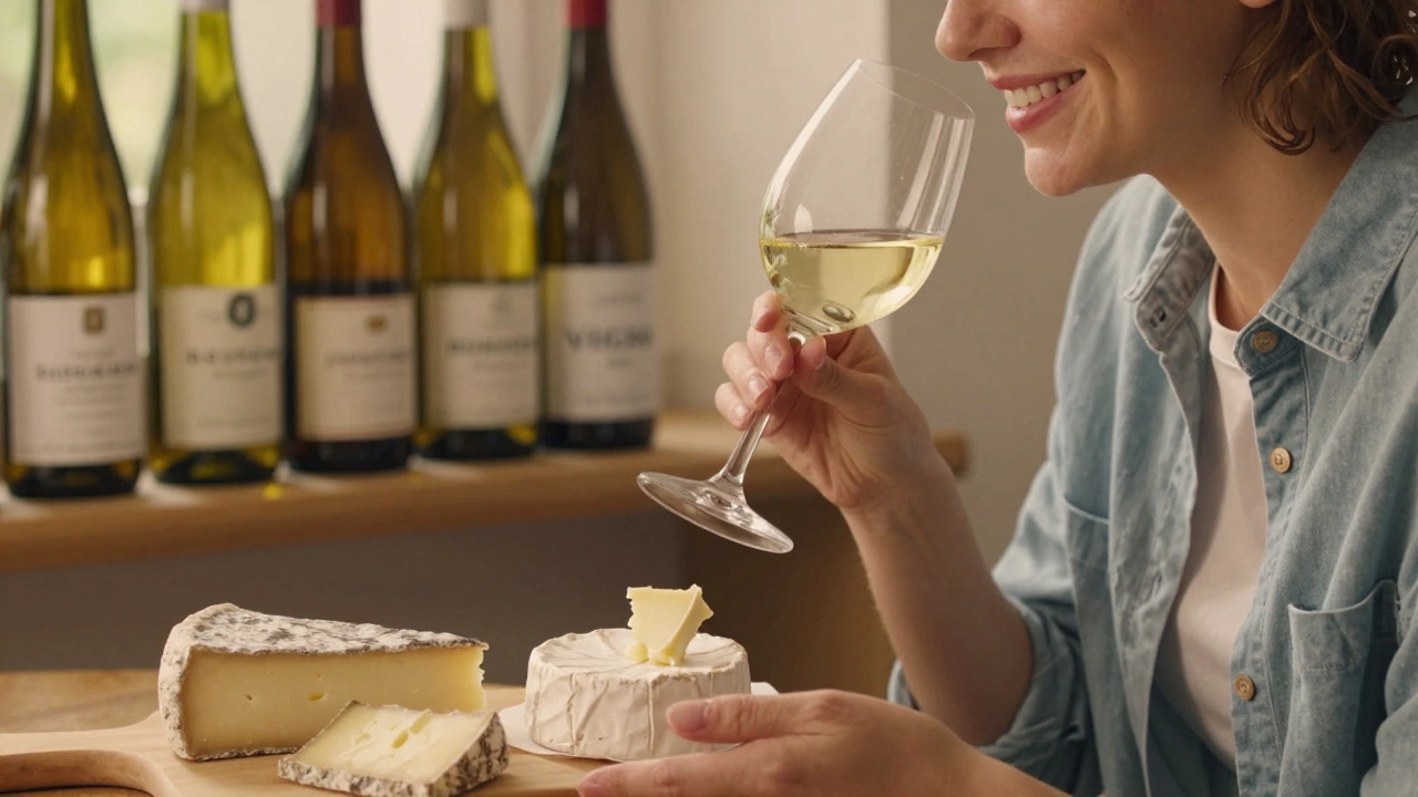 A person enjoying Camembert with Chardonnay, surrounded by wine bottles on a shelf.