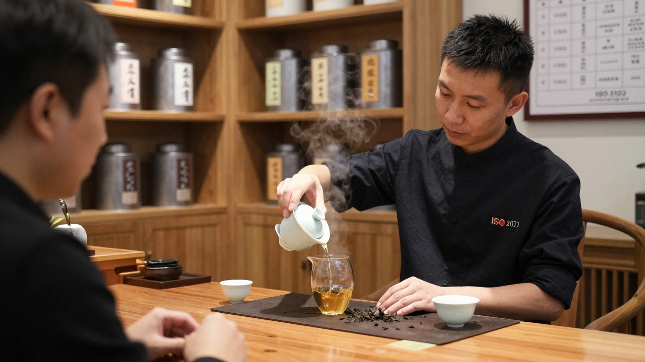 A tea sommelier pouring tea from a gaiwan in a high-end tea shop with labeled tins in the background.