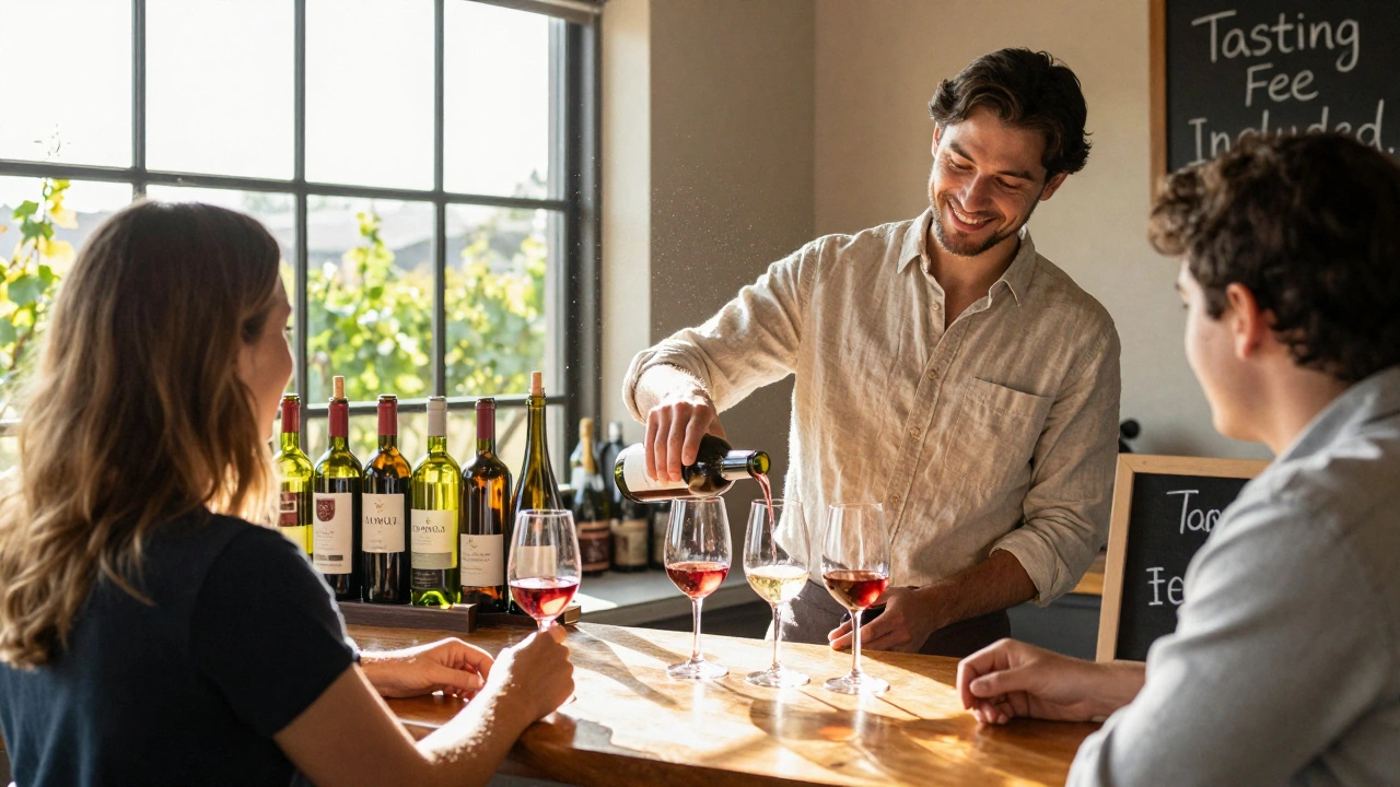 A winery staff member pouring tastings for guests in a sunlit tasting room with bottles on display.
