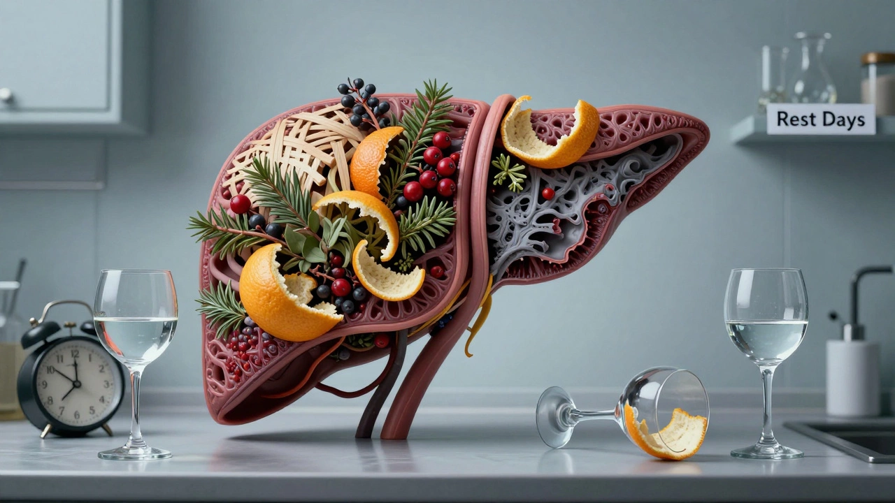 An abstract liver made of botanicals, with three gin glasses representing different drinking habits and recovery.