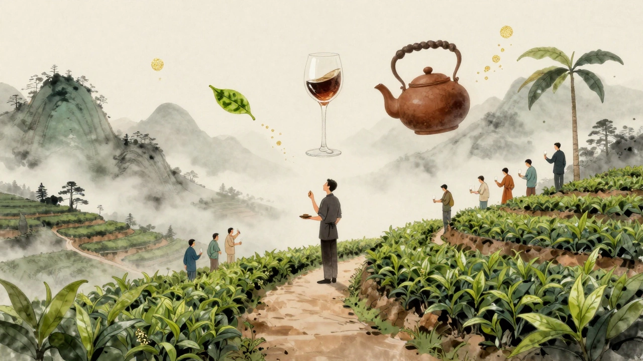 An artistic path through global tea regions with symbolic tea and wine elements intertwined.