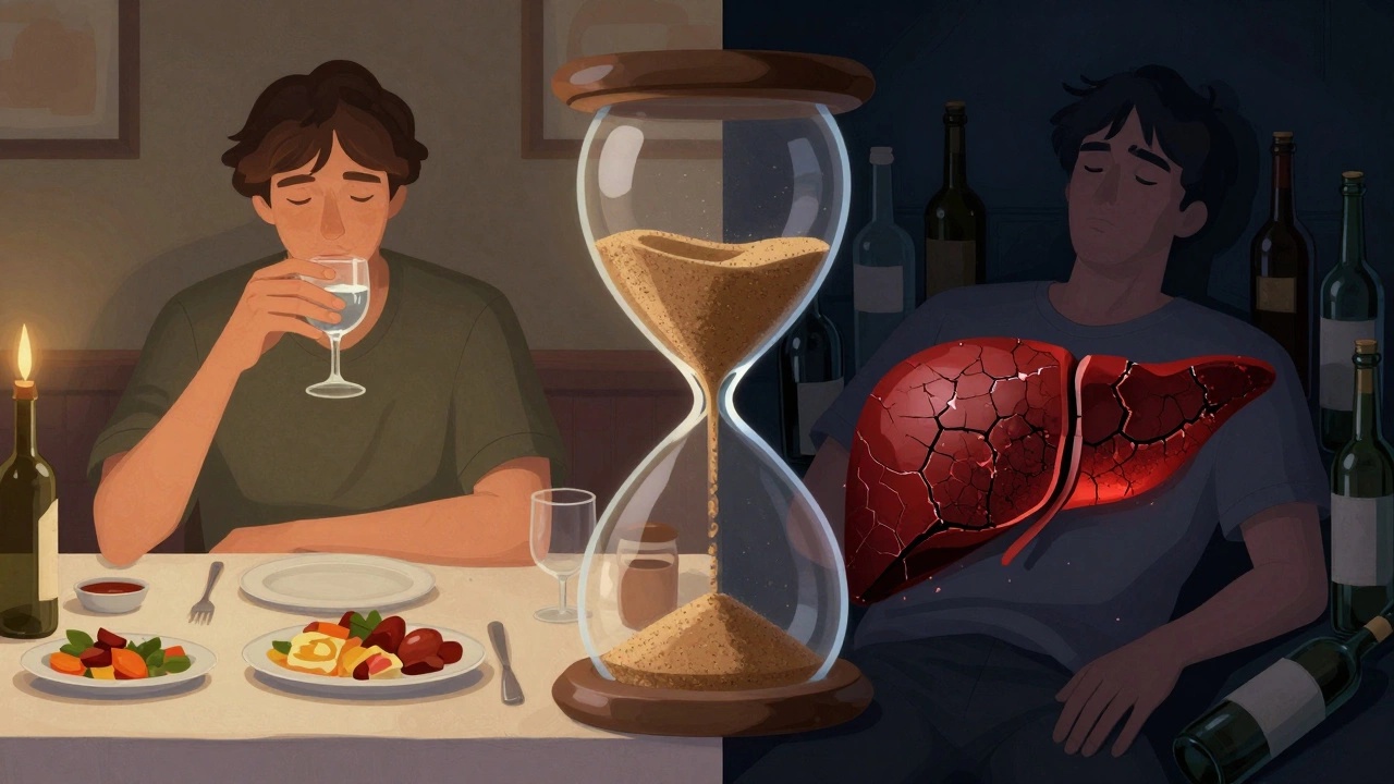Contrasting scenes of moderate gin consumption versus binge drinking, with a symbolic liver and hourglass showing consequences.