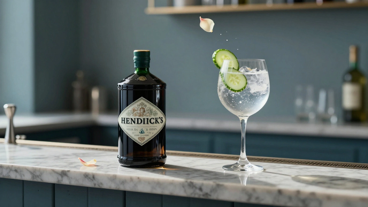 Hendrick's gin with cucumber and rose petal garnish in a gin and tonic on a sunlit bar counter.