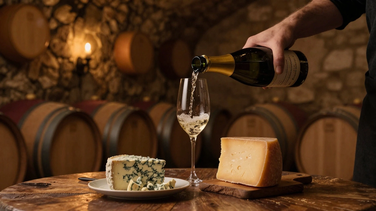 Sparkling wine being poured beside blue cheese and aged cheddar in a cellar.