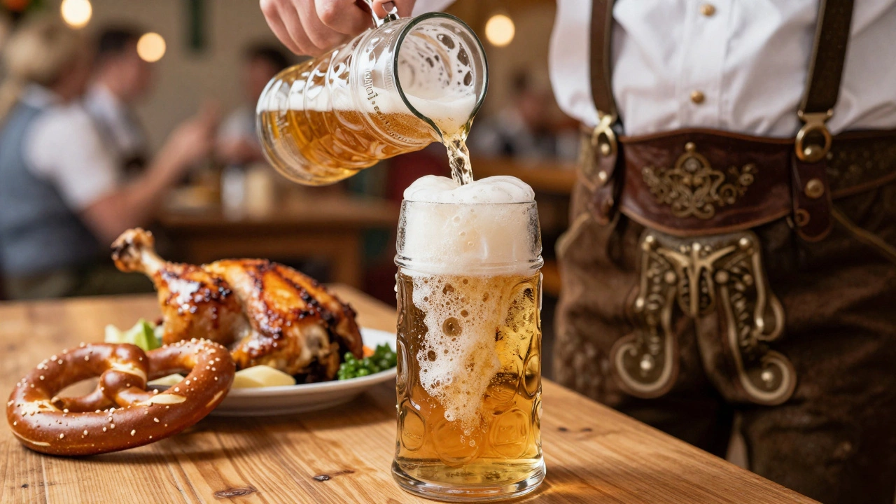 A 1-liter beer stein being poured with perfect foam, beside Bavarian food, under warm tent lights.