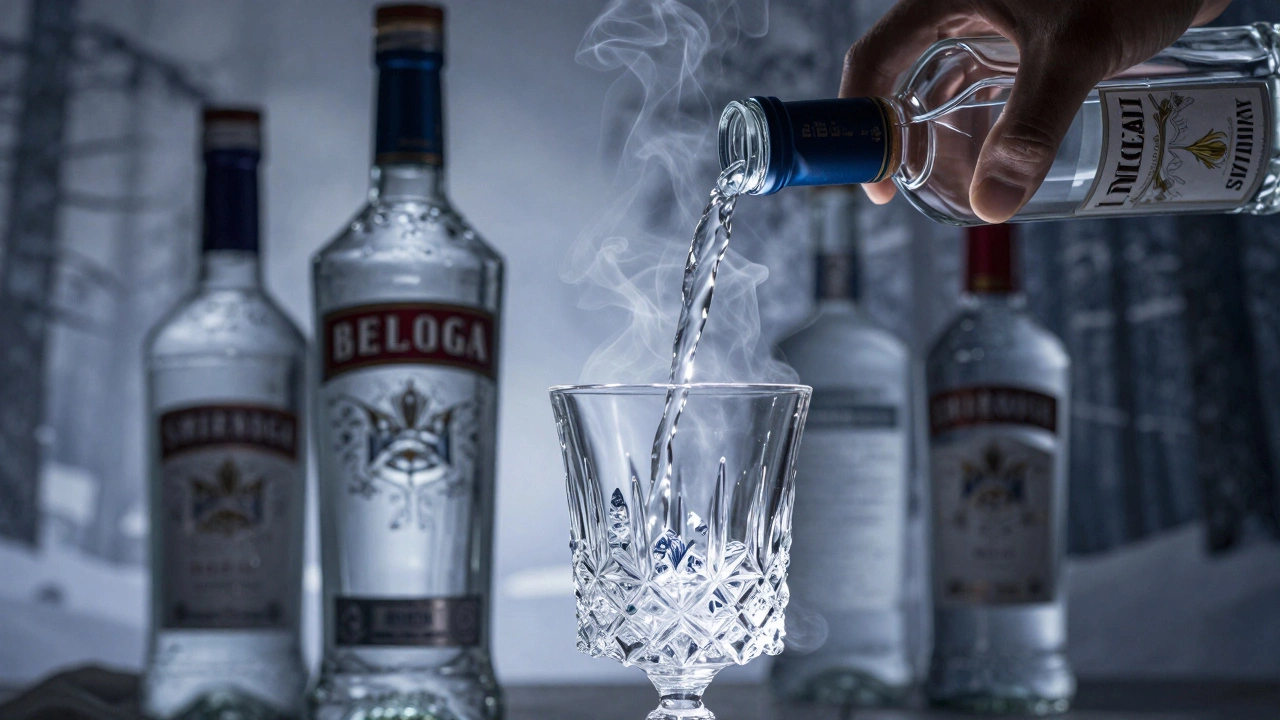 A stream of elit vodka rising as mist into delicate floral patterns, with Beluga's bottle fading into a forest.