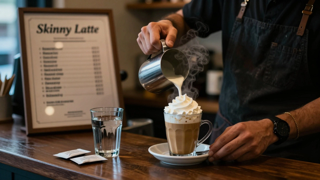 A sugary coffee drink beside a glass of water in a dimly lit café, with hidden syrup ingredients visible.