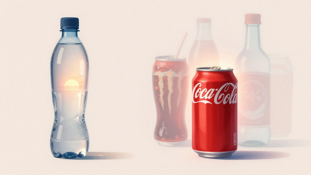 A transparent water bottle beside a Coca-Cola can, with other drinks fading into the background.
