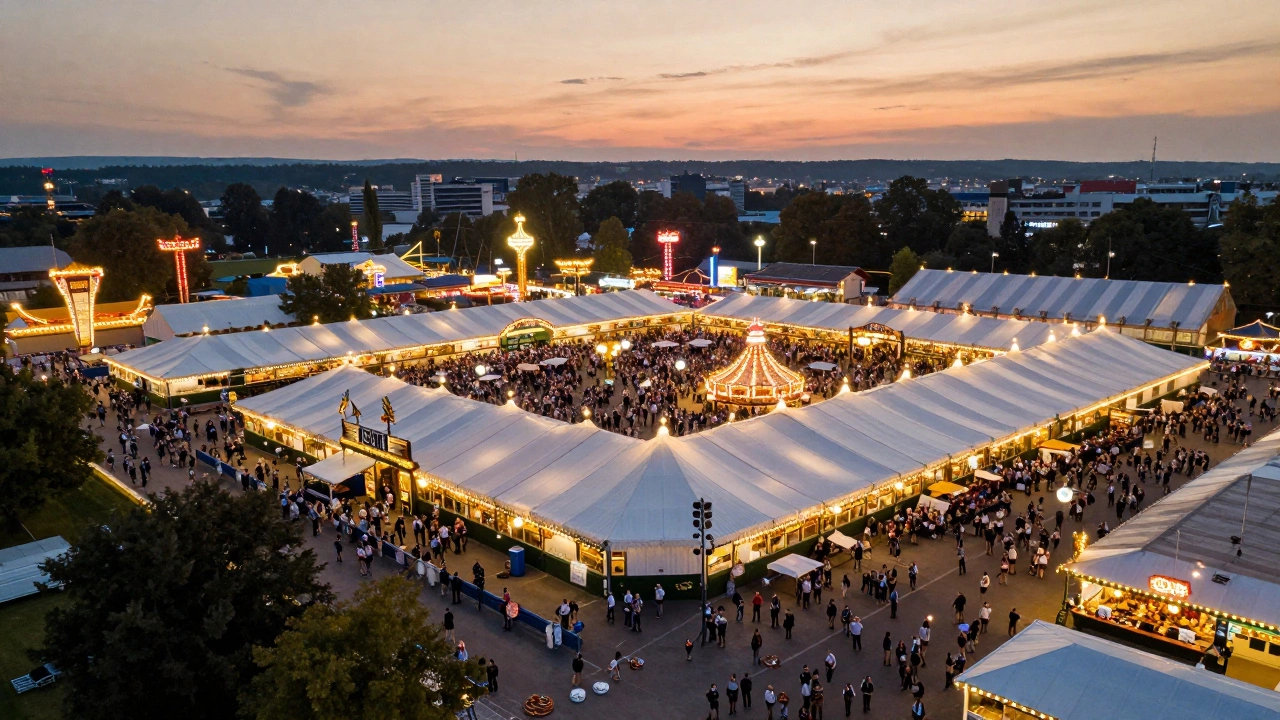 Aerial view of Oktoberfest grounds filled with dozens of beer tents and thousands of visitors under twilight skies.