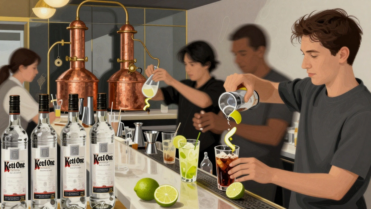 Bartenders rapidly mixing cocktails with Ketel One bottles as the main pour behind the bar.