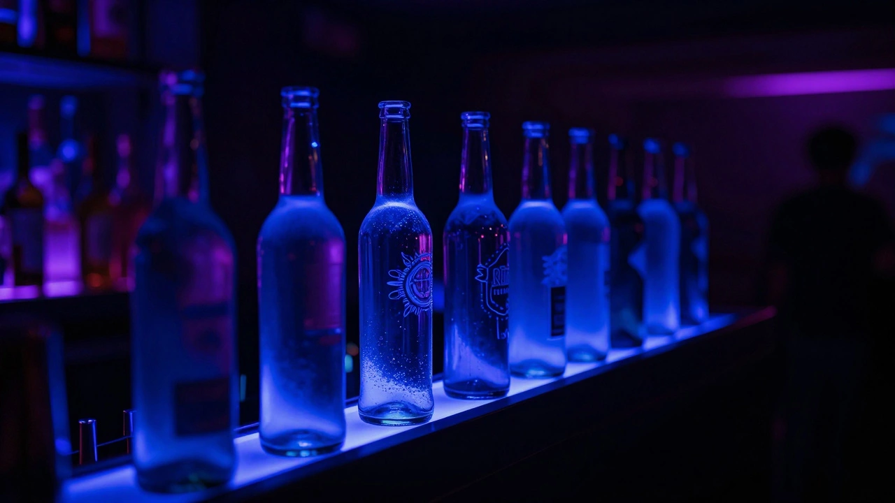 Blue glass bottles glowing under black lights in a dark club setting.