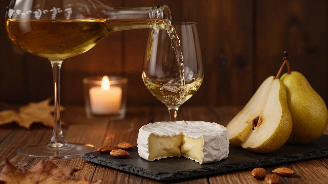 Brie and aged Gouda paired with pear and almonds, illuminated by candlelight beside a glass of rich Pinot Gris.