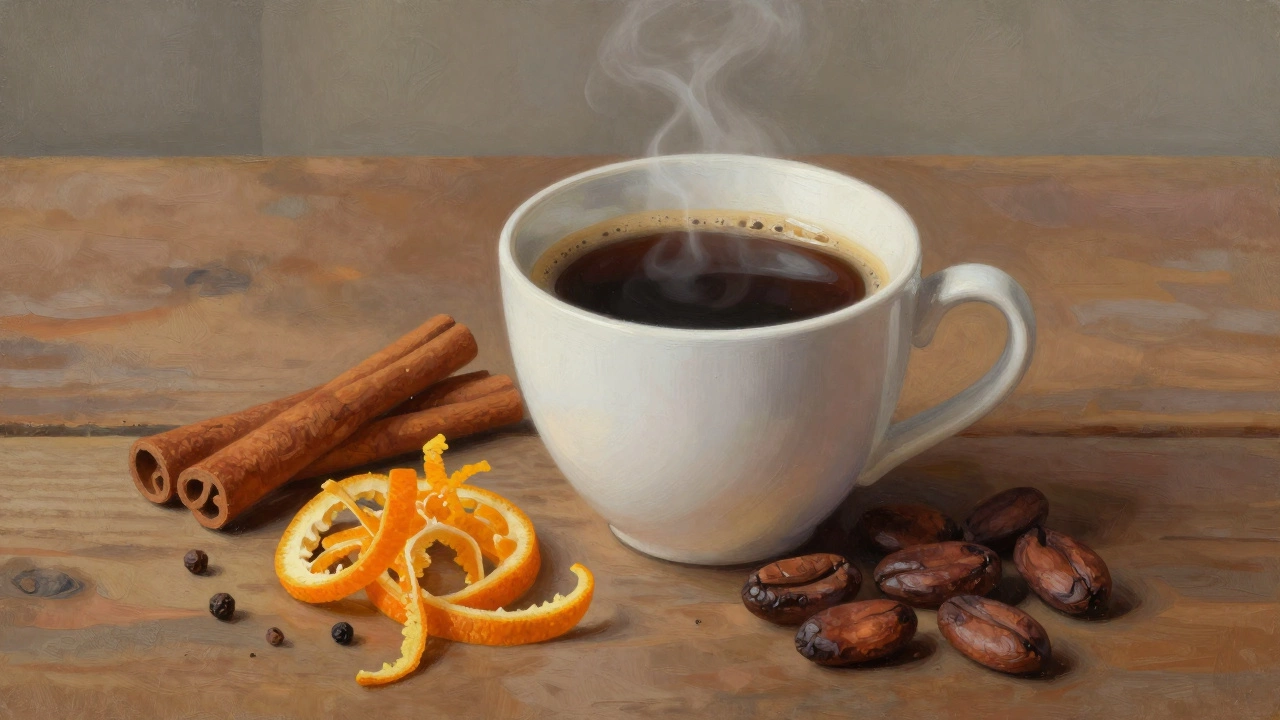 Coffee cup with cinnamon and fruit garnish representing flavor notes.